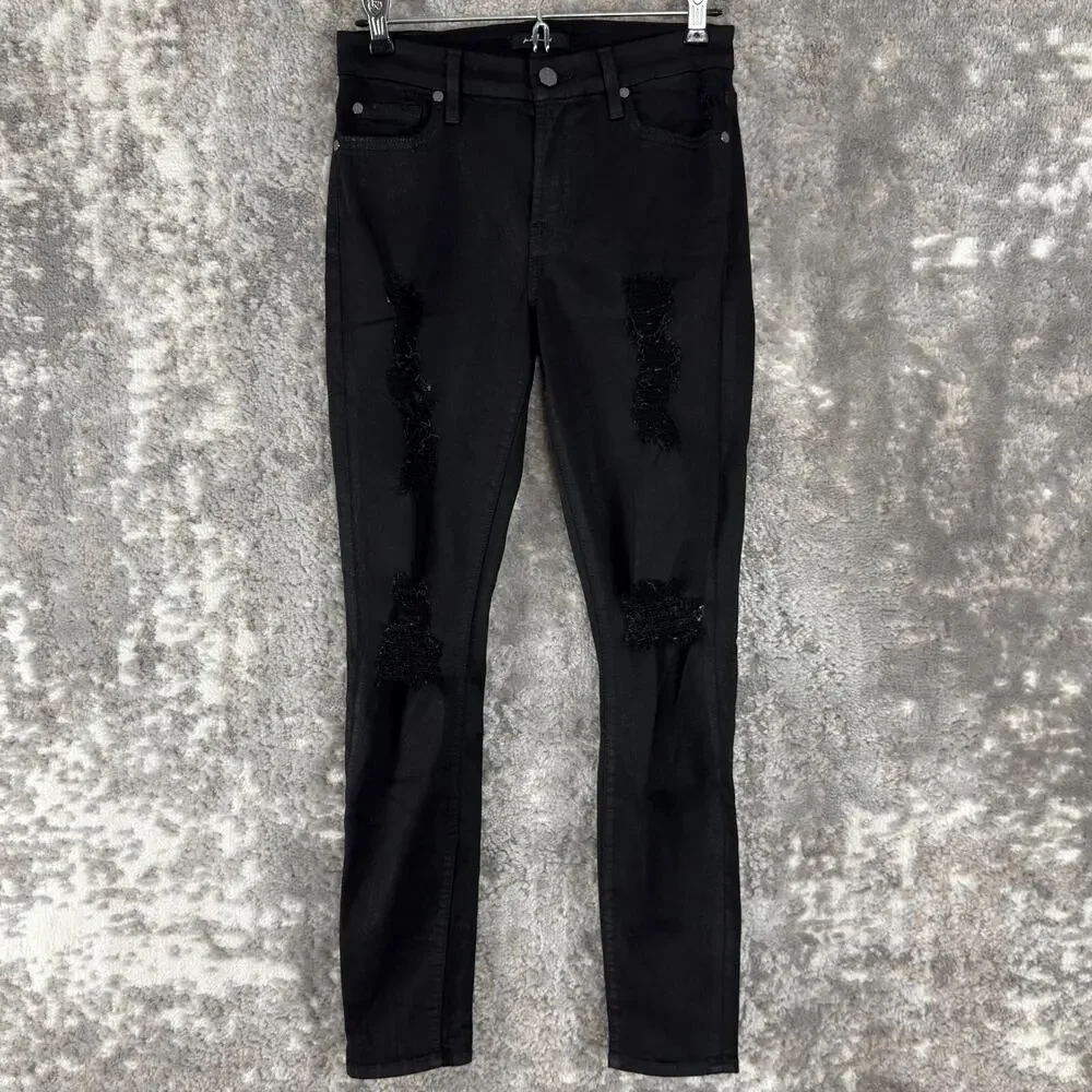 7 For All Mankind Size 27 Distressed Stretch Jeans Black Pants Button Zip Cotton